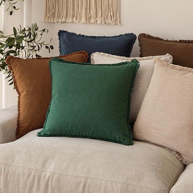 Foindtower Set of 2 Decorative Linen Fringe Throw Pillow Covers Cozy Boho Farmhouse Cushion Cover with Tassels Soft Accent Pillowcase for Couch Sofa Bed Living Room Home Decor, 26×26 Inch, Pine Green