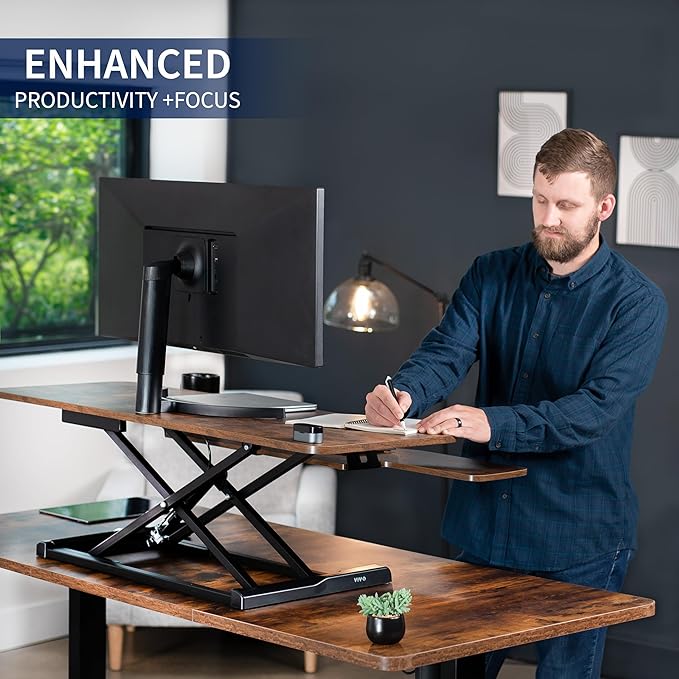 VIVO 48 inch Desk Converter, K Series, Height Adjustable Sit to Stand Riser, Dual Monitor and Laptop Workstation with Wide Keyboard Tray, Rustic Vintage Brown Top, Black Frame, DESK-V048KN