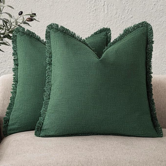 Foindtower Set of 2 Decorative Linen Fringe Throw Pillow Covers Cozy Boho Farmhouse Cushion Cover with Tassels Soft Accent Pillowcase for Couch Sofa Bed Living Room Home Decor, 18×18 Inch, Pine Green