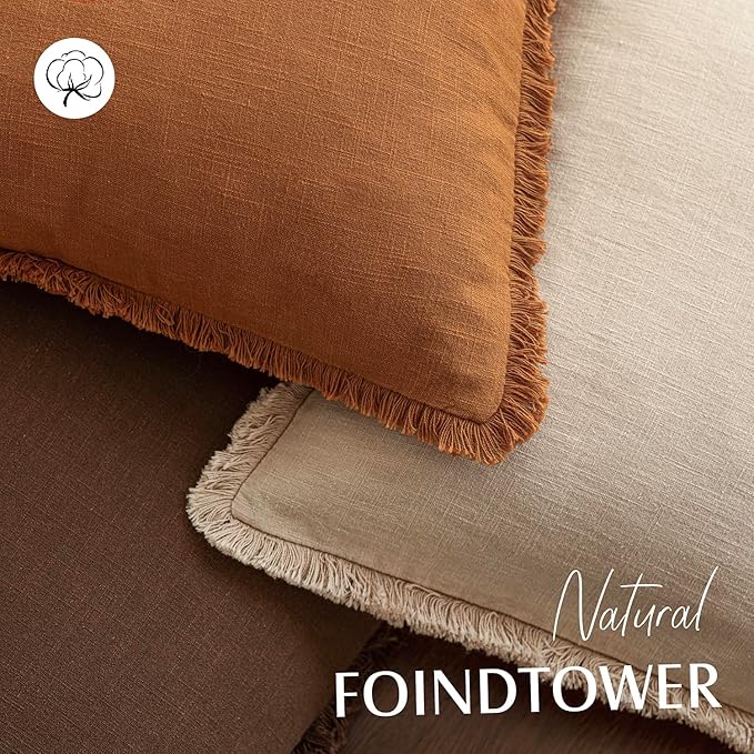 Foindtower Set of 2 Decorative Linen Fringe Throw Pillow Covers Cozy Boho Farmhouse Cushion Cover with Tassels Soft Accent Pillowcase for Couch Sofa Bed Living Room Home Decor, 18×18 Inch, Orange