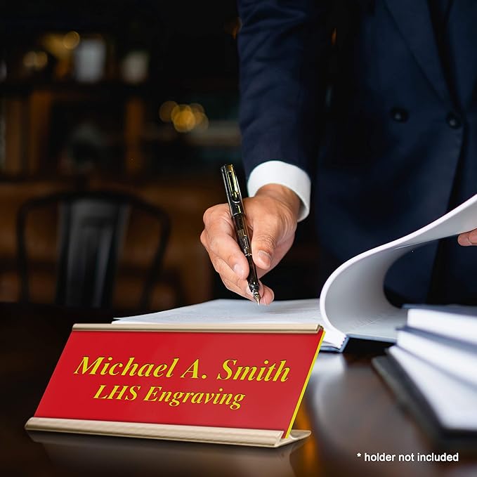 Door Name Plate Personalized for Office Red Plastic Name Plate with Yellow Letters - Made in USA 2x8 B22