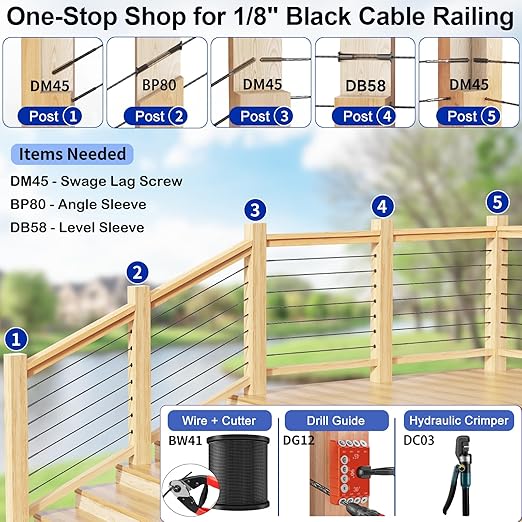 100 Pack Cable Railing Protector Sleeves for 1/8” Deck Railing System, Black Cable Railing Kit Hardware for Wood Post, T316 Stainless Steel Marine Grade DB58