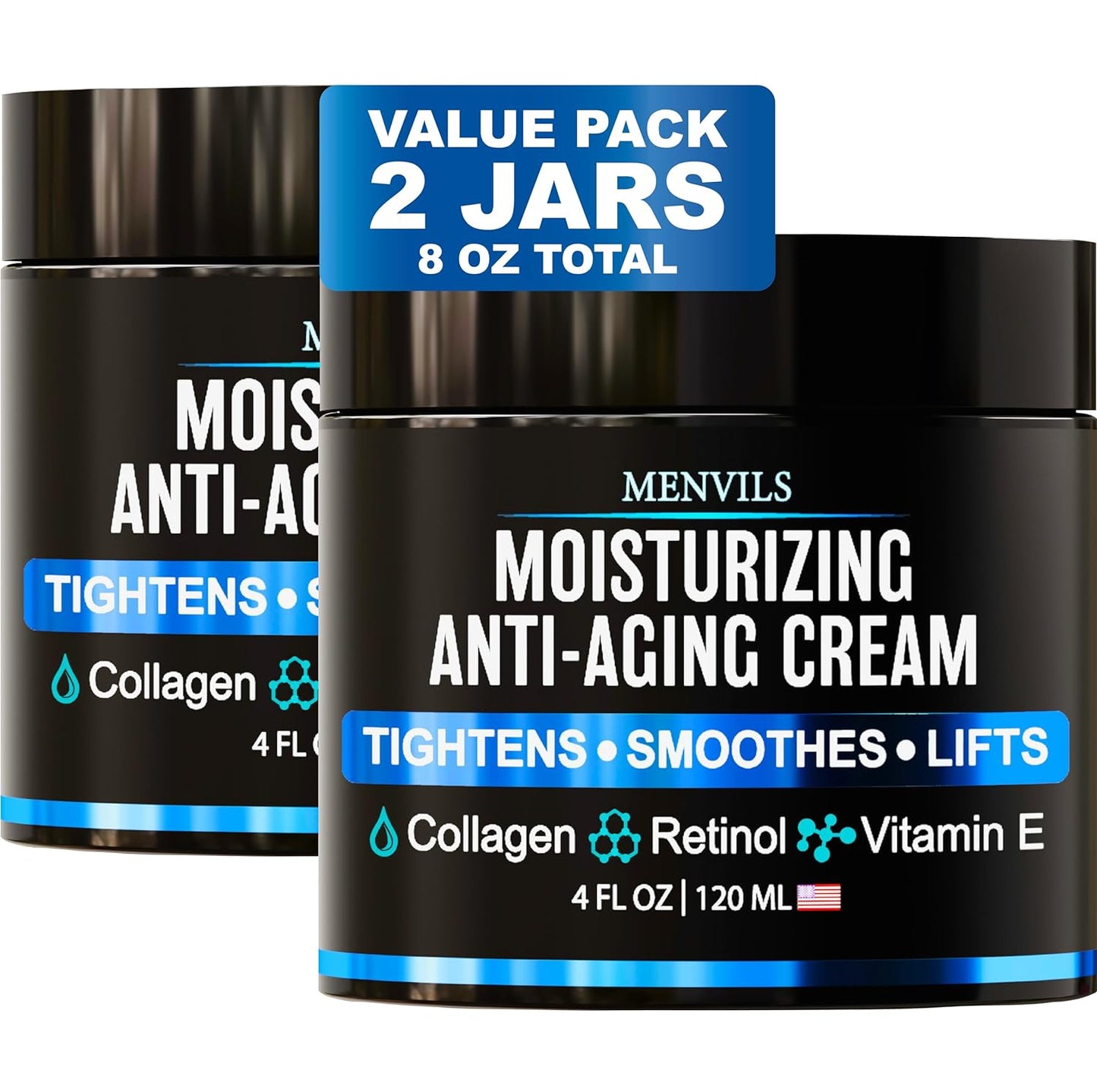 (2 Pack) Mens Face Moisturizer Cream - Anti Aging & Wrinkle for Men with Collagen, Retinol, Vitamins E, Jojoba Oil - Face Lotion - Age Facial Skin Care - Eye Wrinkle - 8 oz Total