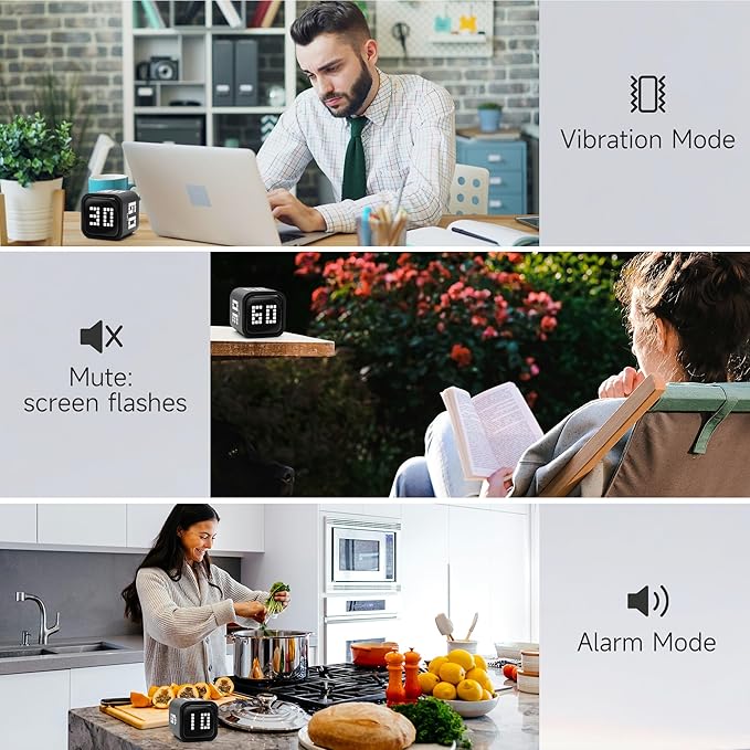 Rotating Productivity Timer 5, 10, 30, 60 Minutes Preset, Desk Cube w/Gravity Sensor for ADHD, Mute Functions, Ideal for Work, Study, Kitchen, Back to School (Black)