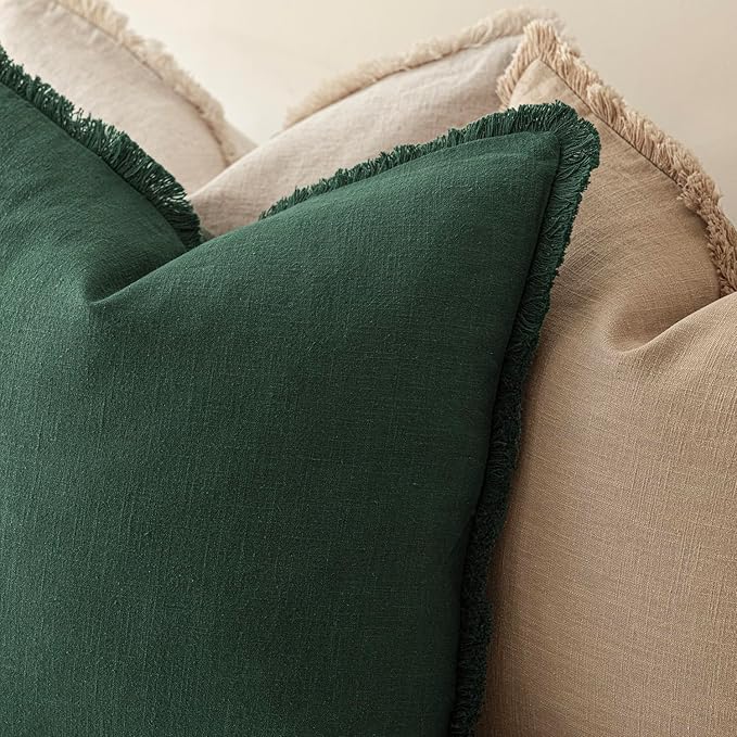 Foindtower Set of 2 Decorative Linen Fringe Lumbar Throw Pillow Covers Boho Farmhouse Cushion Cover with Tassels Soft Accent Pillowcase for Couch Sofa Bed Living Room Home Decor,12×20 Inch,Pine Green