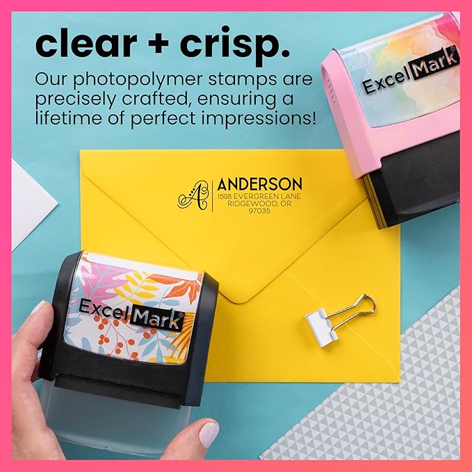 ExcelMark Address Stamp - Custom Return Address Stamp with Elegant Designs, Vibrant Colors & Patterns – Perfect for Mail, Invitations & Gifts (Black Mount, Script Swirl)
