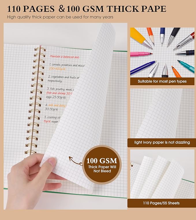 Graph Paper Notebook, Spiral Notebook Journal 8.5” x 11”, A4 Large Grid Notebooks for Women Men, 100 GSM Graph Paper, Plastic Hardcover Spiral Graphing Journals for Work School Engineerin, Green