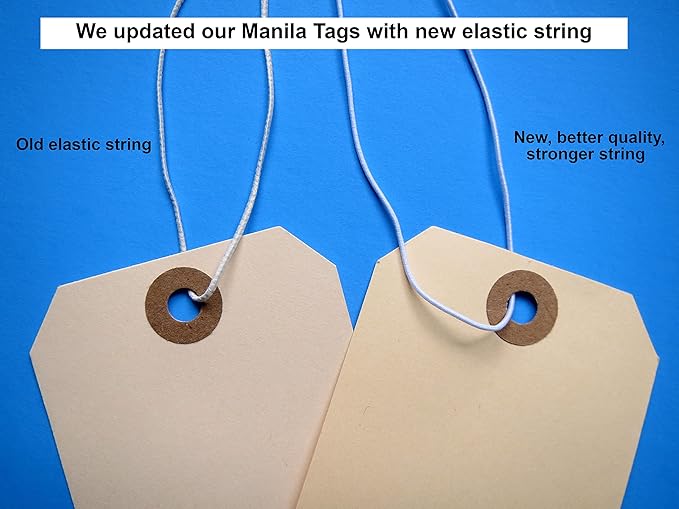 Manila Tags With Elastic String - #1, 2 3/4" x 1 3/8", Box of 250 Paper Labels With Reinforced Hole and Attached Loop, 250 Count