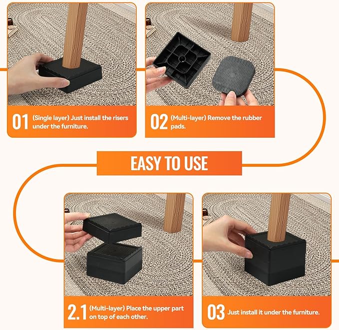 shouwuhho Furniture Risers, 12 Pack Bed Risers with Non-Slip Grip and Heavy Duty Support, 1 Inch 2 Inch 3 Inch 4 Inch Height Lift for Couch, Sofa, Table, Desk, Chair, Refrigerator - Black, 1 Inch