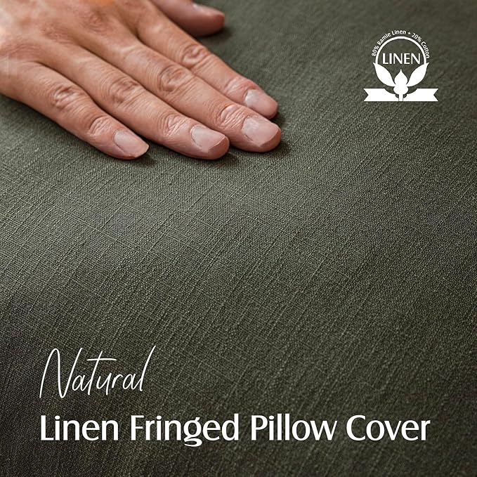 Foindtower Set of 2 Decorative Linen Fringe Throw Pillow Covers Boho Farmhouse Cushion Cover with Tassels Soft Accent Pillowcase for Couch Sofa Bed Living Room Home Decor,26×26 Inch,Dark Olive Green