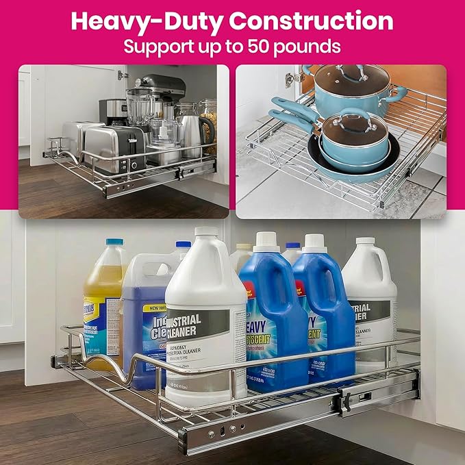 HOLDN’ STORAGE Pull Out Cabinet Organizer, Heavy Duty Caddy w/Lifetime Limited Warranty -17”W x 21”D - Requires At Least 18-1/4” Cabinet Opening, Steel Metal Cabinet Drawers Slide Out, Chrome