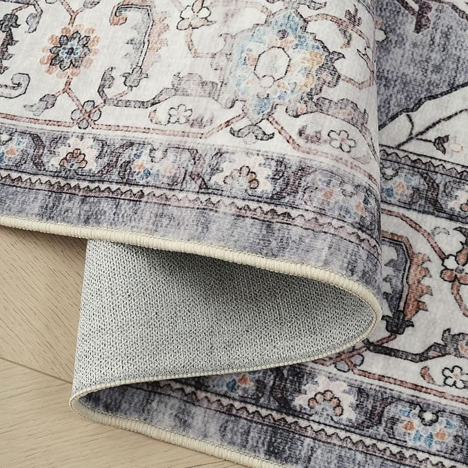Rugcomf Vintage Medallion Kitchen Rugs Non Slip Washable 2'7"x8' - Low Pile Runner Rug, Boho Carpet for Hallways, Laundry, Bedroom, Bathroom - Grey and White
