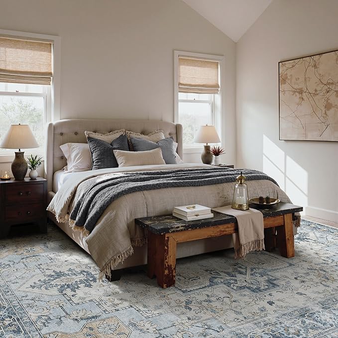 GENIMO 5x7 Area Rugs for Living Room, Machine Washable Rug, Non Slip Vintage Rugs, Low Pile Lightweight Chenille Print Indoor Rug for Bedroom, Dining Room, Home Office, Blue