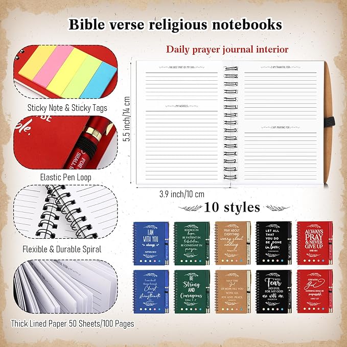 Spakon 50 Set Valentine's Day Christian Gifts Bulk Church Sticky Note Spiral Notebook Bible Verse Ballpoint Pen Prayer Journal Religious Scripture Notepad Sunday School Teacher Pastor Party Favor