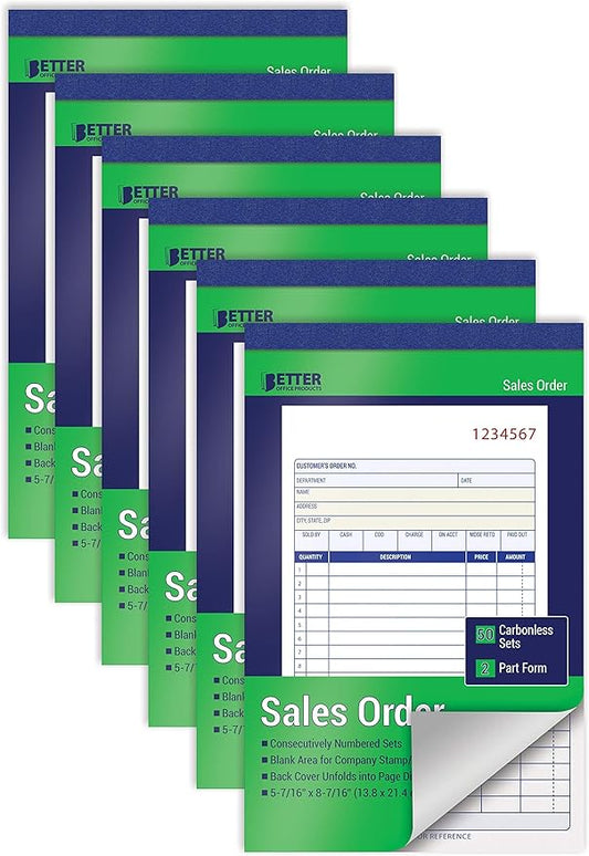 Better Office Products Large Sales Order Books, 6 Pack, 2-Part Carbonless (White/Canary Yellow), 5-7/16 x 8-7/16 inches, 50 Sets per Book, 300 Total Sets, 6 Books
