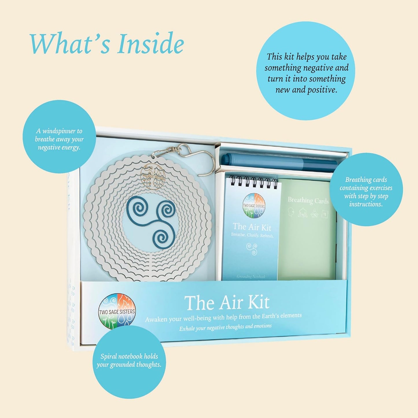 The Air Kit by Two Sage Sisters - Self Care Kit with Airspinner, Breathing Cards, Notebook, and Marker, Pamper and Self Care Gifts for Women, Womens Care Package for Mindfulness and Relaxation