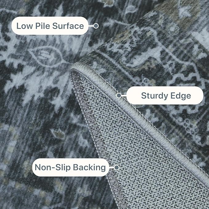 GENIMO 2x7 Runner Rugs for Hallway, Machine Washable Non Slip Vintage Rugs, Low Pile Lightweight Soft Print Rug for enrtyway, Corridor, Home Office, Kitchen,Dark Gray