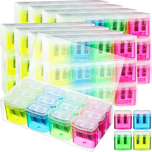 Teling 144 Pcs Manual Pencil Sharpeners Bulk Handheld Dual Holes Pencil Sharpeners for Kids Colorful Portable Compact Sharpener with Lid for Students School Class Home Office Supply