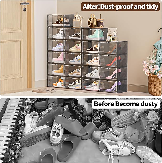TOFWOF 10 Pack XX Large Shoe Organizer, Heavy-Duty Hard Thicken Plastic Clear Stackable Shoe Storage Box Organizer for Closet, Space-Saving Shoe Rack Display Case Bin Containers for Sneakers, Grey