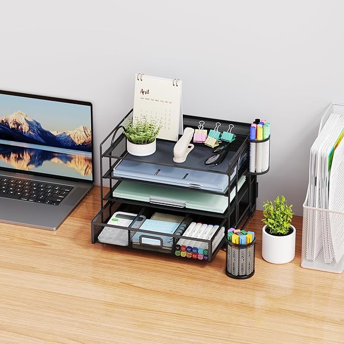 Marbrasse Desk Organizer and Accessories4-Tier Paper File Letter Tray Accessories & Workspace Desk Organizers with Drawer and 2 Pen Holders for School Home Office Supplies (Black)