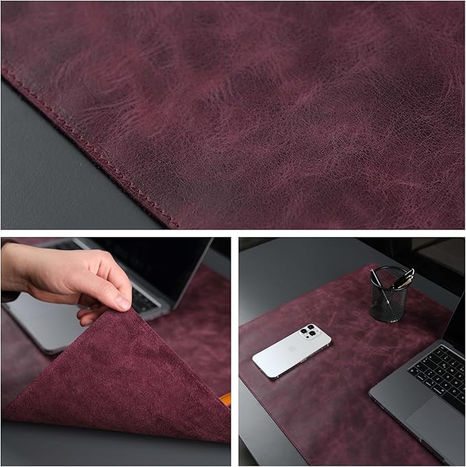 TORONATA Jersey Genuine Calfskin Leather Desk Pad, Office Desk Mat with Non-Slip Bottom, Smooth Surface for Mouse & Keyboard, Desk Protector (36x19 inches) (Dark Purple)