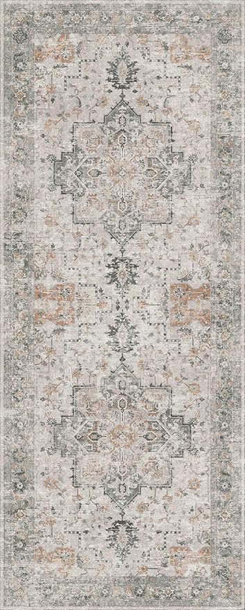GENIMO 2'6''x16 Runner Rugs for Hallway, Machine Washable Non Slip Vintage Rugs, Low Pile Soft Chenille Print Rug for enrtyway, Corridor, Home Office,Light Taupe Brown