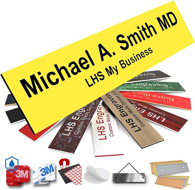 Door Name Plate Personalized for Office Yellow Plastic Name Plate Black Letters - Made in USA 2x4 B4