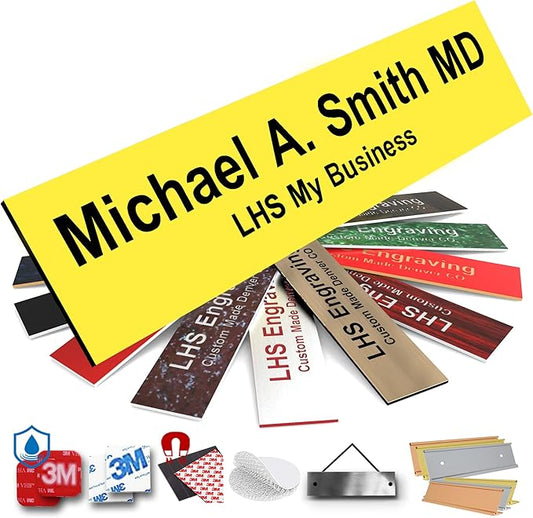 Door Name Plate Personalized for Office Yellow Plastic Name Plate Black Letters - Made in USA 2x12 B4