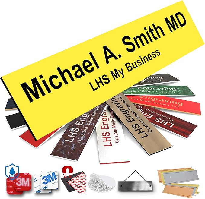 Door Name Plate Personalized for Office Yellow Plastic Name Plate Black Letters - Made in USA 2x10 B4