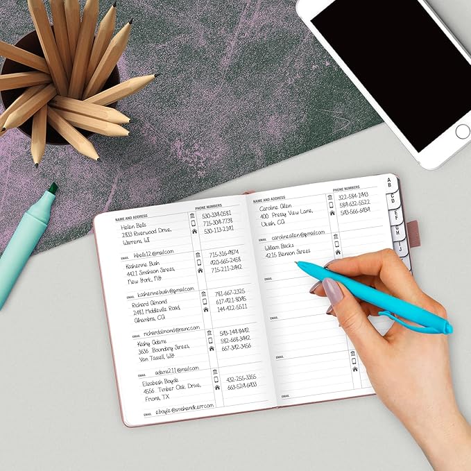 Legend Planner Address Book with Alphabetical Tabs – Mini Telephone Contacts Book for Phone Numbers, Addresses, Passwords, Small (Rose Gold)
