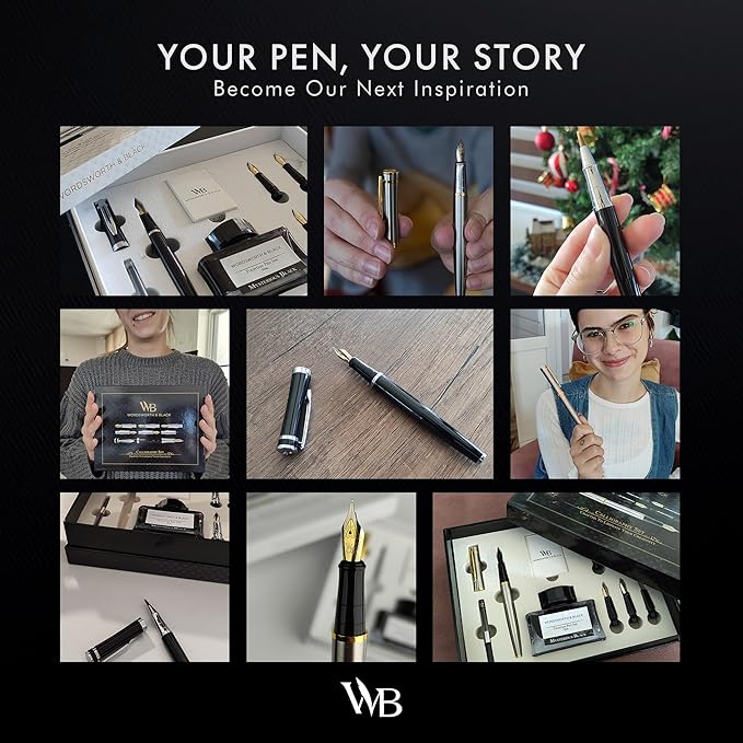 Wordsworth & Black Calligraphy Pen Gift Set, Includes Bottle, 6 Cartridges, Refill Converter, 6 Replacement Nibs, Premium Package, Journaling, Smooth Writing Pens [Black Gold]
