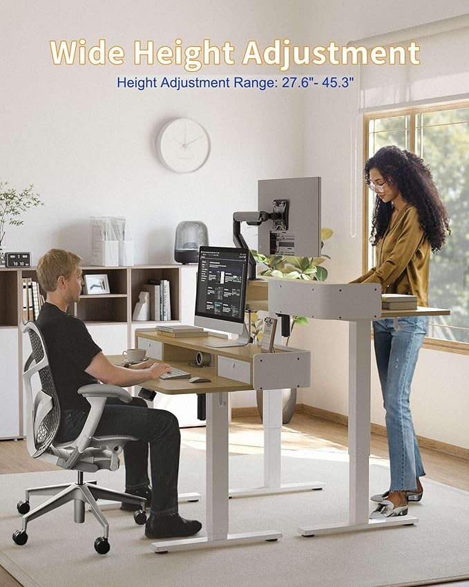 YIHAYO Electric Standing Desk with Drawers, 55 x 24 Inches Adjustable Desk with Storage Shelf, Stand Up Desk with Splice Board, Computer Table for Home Office, White Frame/Natural Top