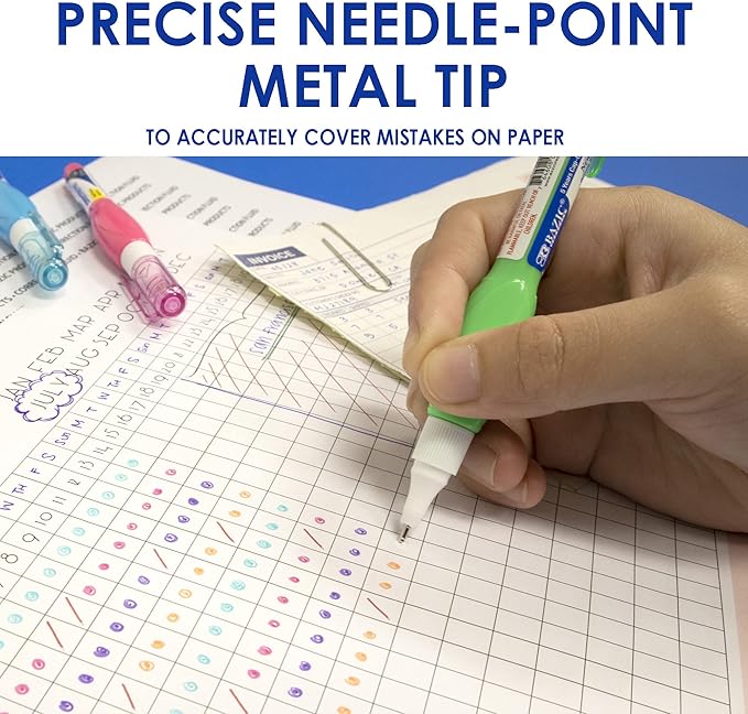 BAZIC Products Mini Correction Pen - Corrections Fluid, Precise Metal Tip White Out, Ideal for School & Office Supplies, Alternative to Correction Solution, 3/Pack, 2-Packs
