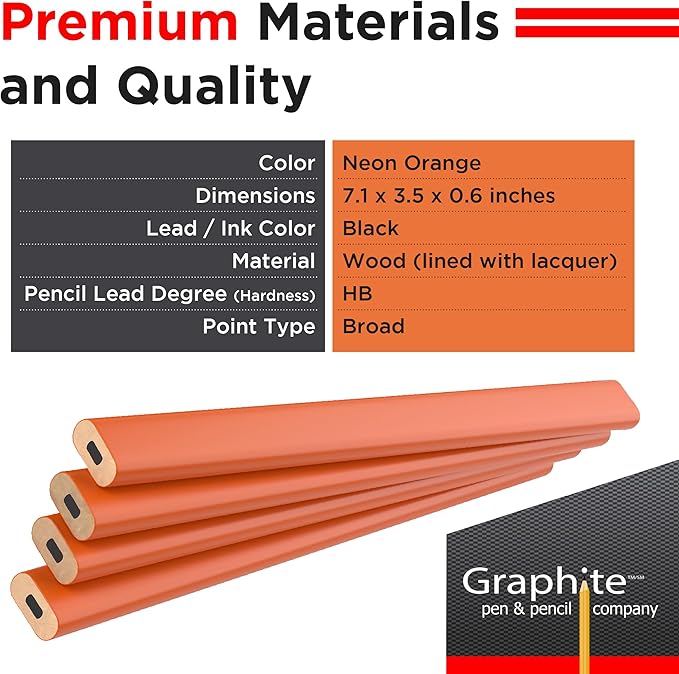 GRAPHITE Hard Lead Carpenter Pencils Bulk - (72) Pieces Lumber Wooden Pencil #2 (HB) - Neon Orange