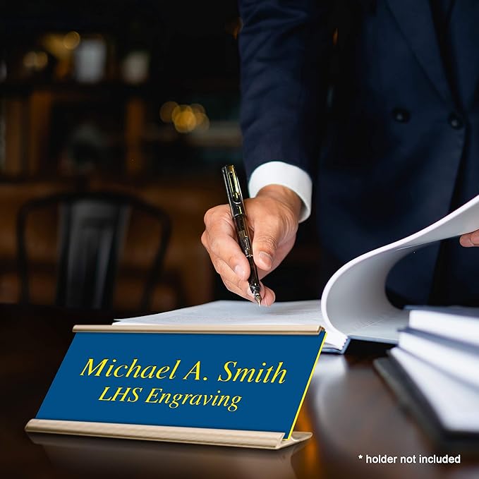 Engraved Door Signs for Office Personalized Blue Plastic Door Plaque with Yellow Letters - Made in USA 2x4 B20