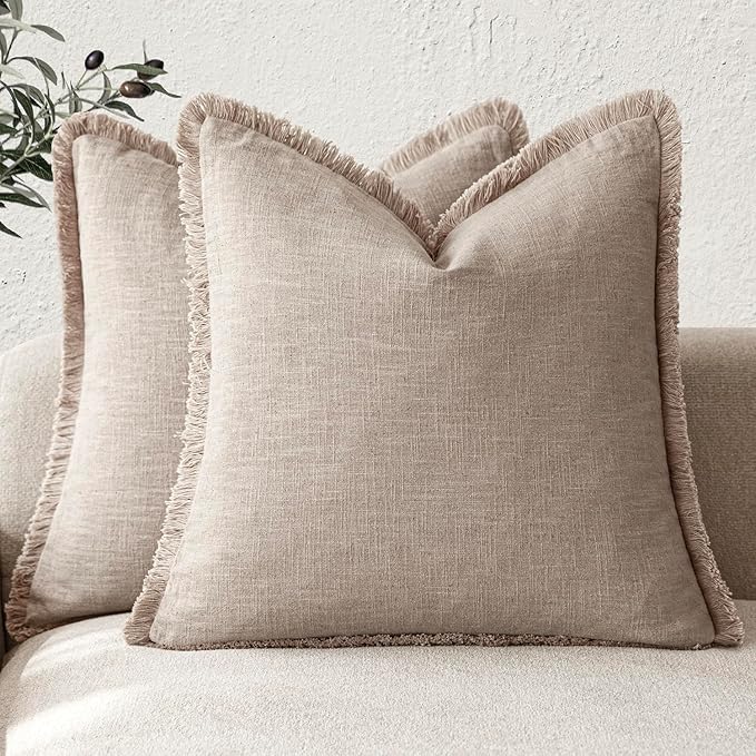 Foindtower Set of 2 Decorative Linen Fringe Throw Pillow Covers Farmhouse Cushion Cover with Tassels Soft Accent Pillowcase for Couch Chair Sofa Bed Living Room Home Decor,22×22 Inch,Natural Linen