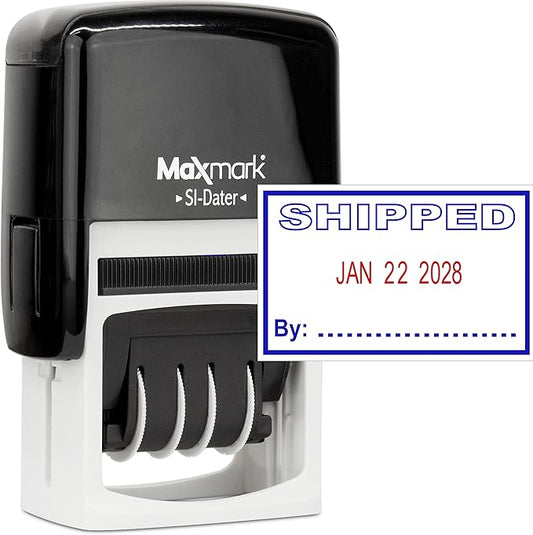 MaxMark Office Self Inking Date Stamp with Phrase Shipped - 2 Color Blue/Red Ink