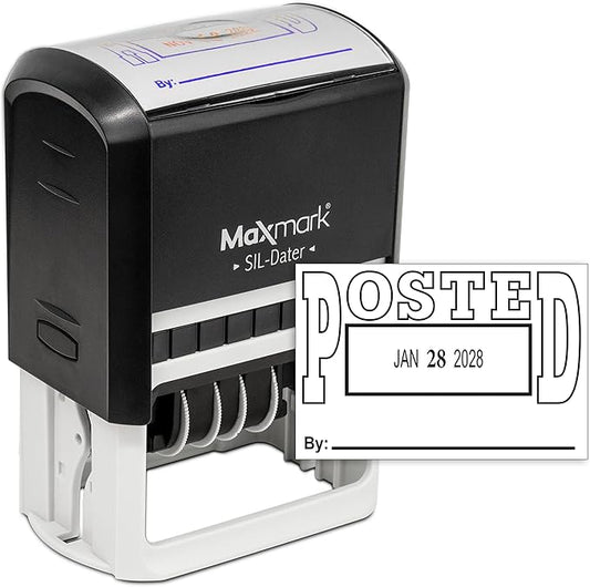 MaxMark Large Self-Inking Rubber Date Office Stamp with Posted Phrase & Date - Black Ink, 12-Year Band - Style 5