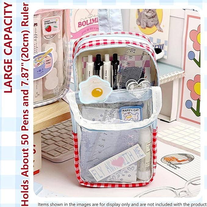 UINSUE Cute Pen case Adorable Bunny Transparent 3-Layer Large Capacity Pencil Case Gadget organizer with Lovely Stickers (Red Plaid)