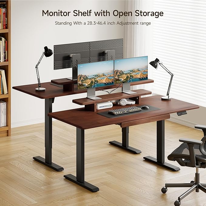 ONBRILL Standing Desk with Drawer, 47x23.6 Inches Solid Wood Desktop Stand Up Desk with Whole-Piece Board and Storage Shelf, Adjustable Height from 28-46 Inches for Home & Office, Black Walnut