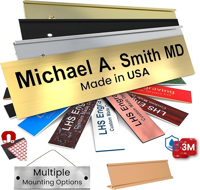Engraved Name Plates for Desk and Door Signs Personalized Brushed Brass Plastic Nameplate with Black Letters - Made in USA 2x8 M6