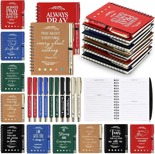 Spakon 30 Set Valentine's Day Christian Gifts Bulk Church Sticky Note Spiral Notebook Bible Verse Ballpoint Pen Prayer Journal Religious Scripture Notepad Sunday School Teacher Pastor Party Favor