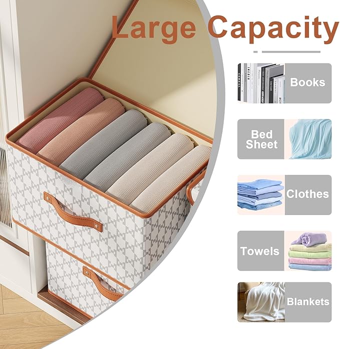 Tuza 2 Pack Fabric Storage Bins with Lids, Collapsible Closet Organizer Container, Decorative Storage Boxes with Lids for Organizing Clothes, Blanket, Grey & White, Large