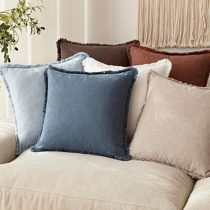 Foindtower Set of 2 Decorative Linen Fringe Throw Pillow Covers Cozy Farmhouse Cushion Cover with Tassels Accent Pillowcase for Couch Chair Sofa Bed Living Room Home Decor,16×16 Inch,Dark Blue