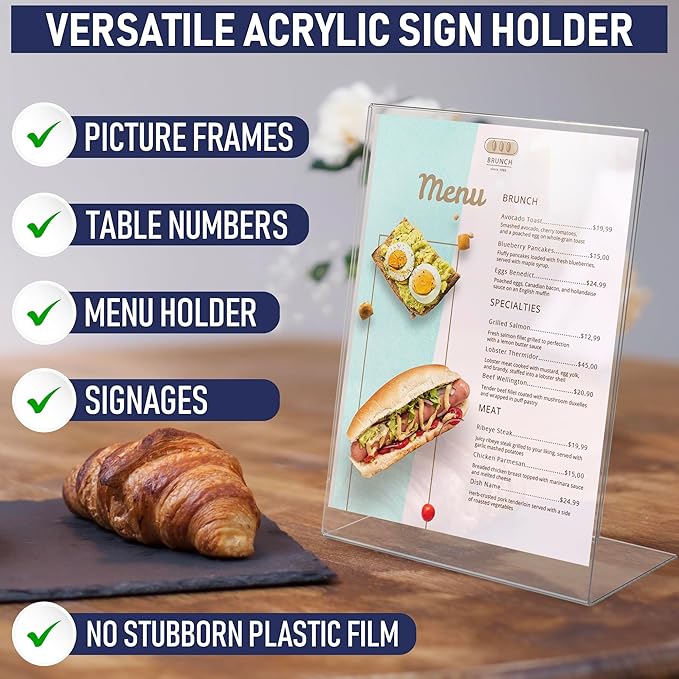 Slant Back Acrylic Sign Holder 8.5 x 11 Inches, Portrait Ad Frame and Flyer Display Stand. Menu Holder and Table Sign Display for Home, Office, Store, or Restaurant Use. Acrylic Stands for Tabletop (3 Pack)