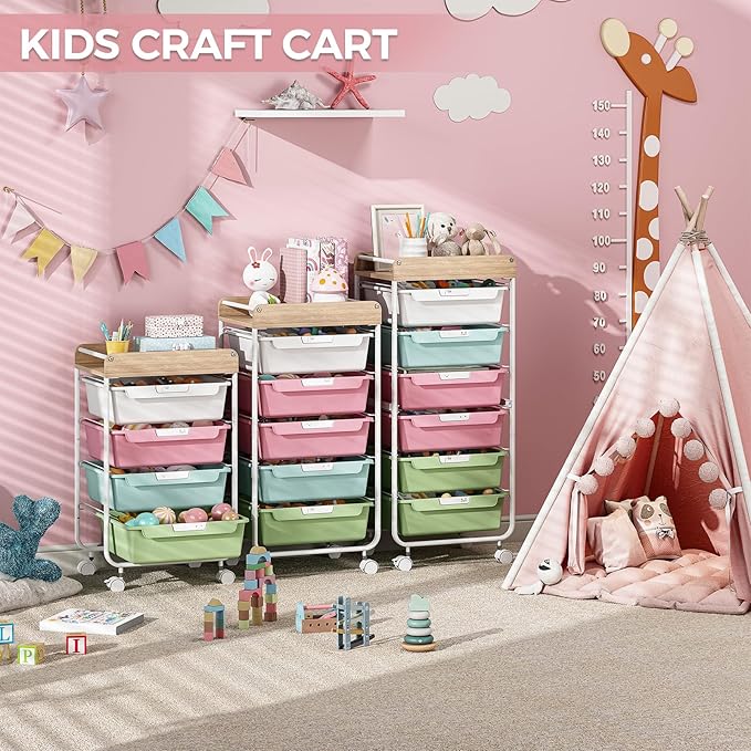 Rolling Storage Utility Cart With 4 Drawers,Kids Craft Art Cart,Makeup Organizer And Storage with Wooden Tabletop,Rainbow
