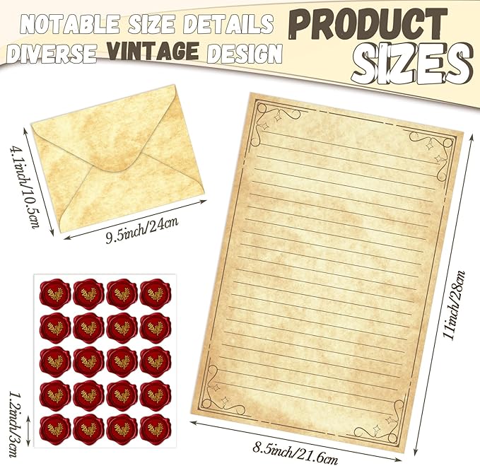 TaoBary 160 Pcs Stationery Paper Set 50 Double Sided Stationery Papers with 50 Matching Envelopes and 60 Round Dot Sticker, 10 Design(Vintage,5.5 x 8.25 Inch)