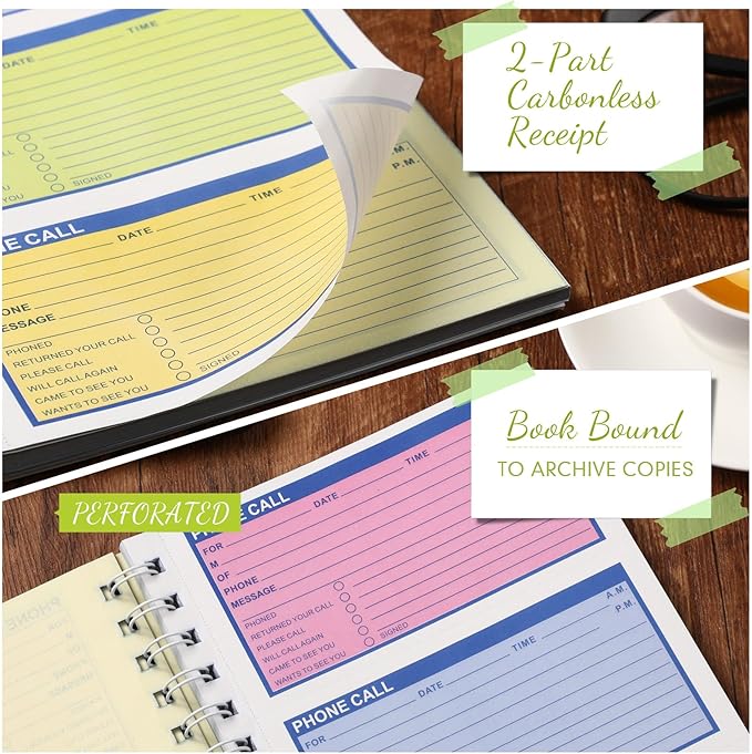 Sinmoe 10 Pcs Spiral Bound Phone Message Book with Carbon Copy 5-1/2" x 11" 2 Part Colorful Carbonless Telephone Message Pads Duplicate Spiral Phone Call Log Book for Business Office (Green,Blue)