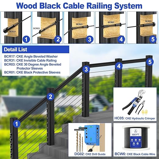 CKE 150 Pack T316 Stainless Steel Black Protector Sleeves for 1/8" 5/32" or 3/16" Cable Deck Stair Railing Kit System, Black Cable Railing Protective Sleeves for Wood Posts, DIY Balustrade, BCR01-3/16