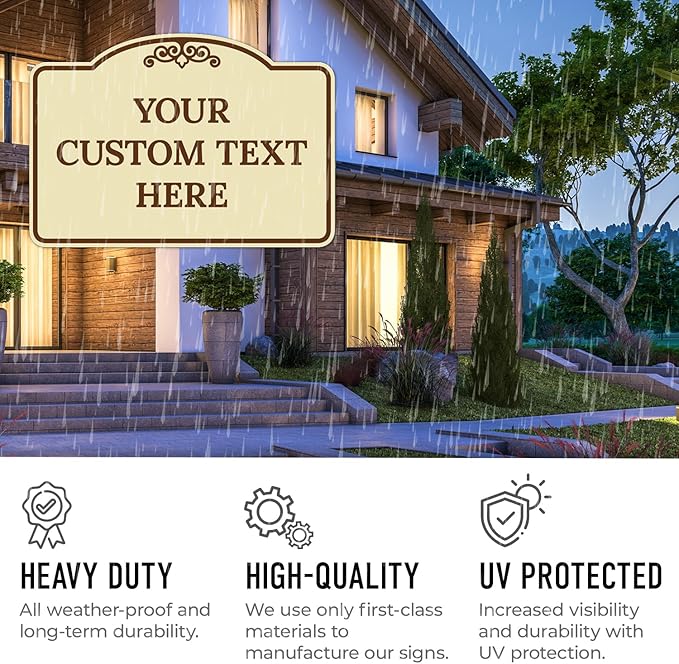 Custom Decorative Sign, Personalized Metal Sign for Business, Driveway, Home, Airbnb, Office Door Plaque, Brown Border Sign, 14x10 Inches, ACM, Fade Resistant, Made in USA by Sigo Signs